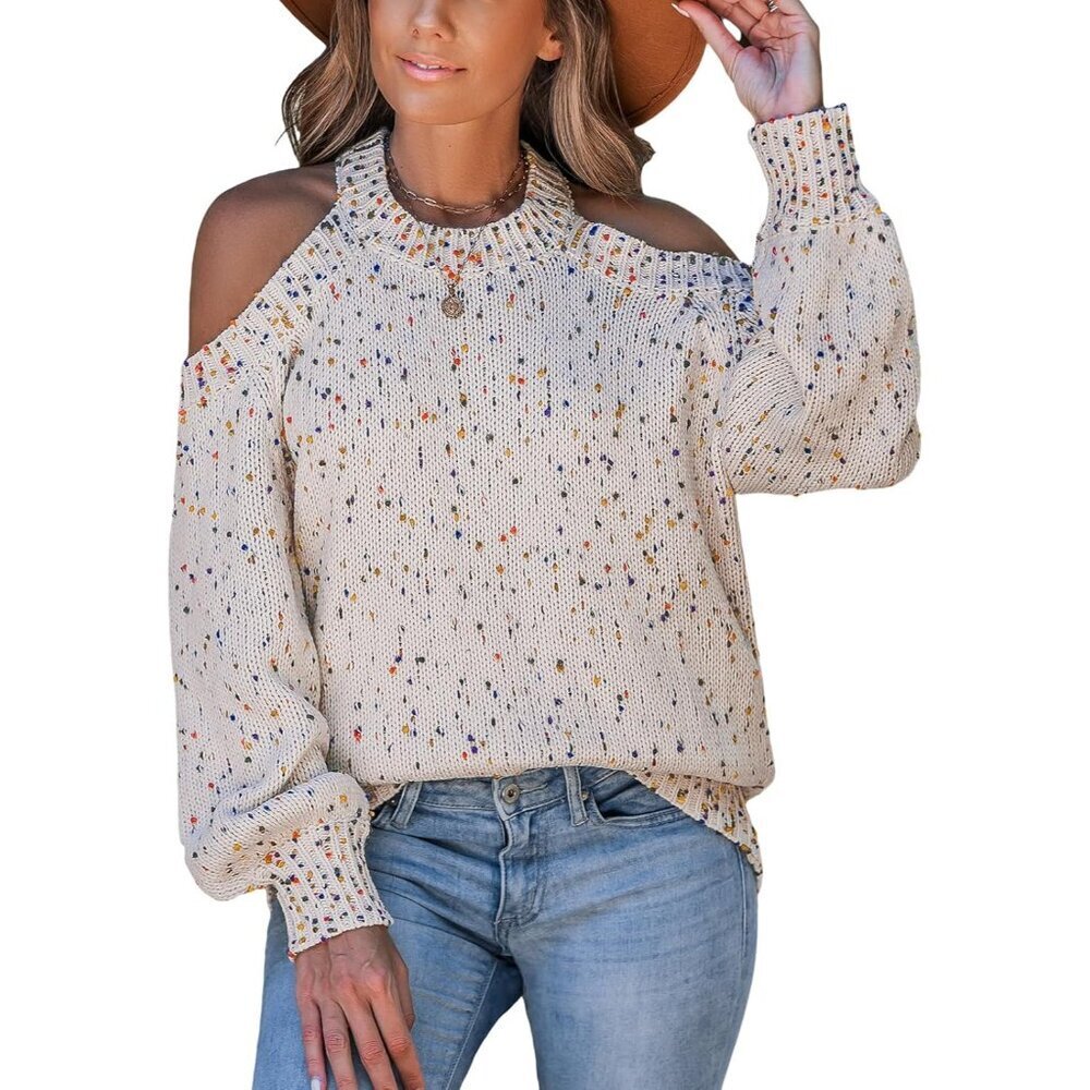 Women's Oversized Knit Sweater Long Sleeve Cold Shoulder Rainbow Details